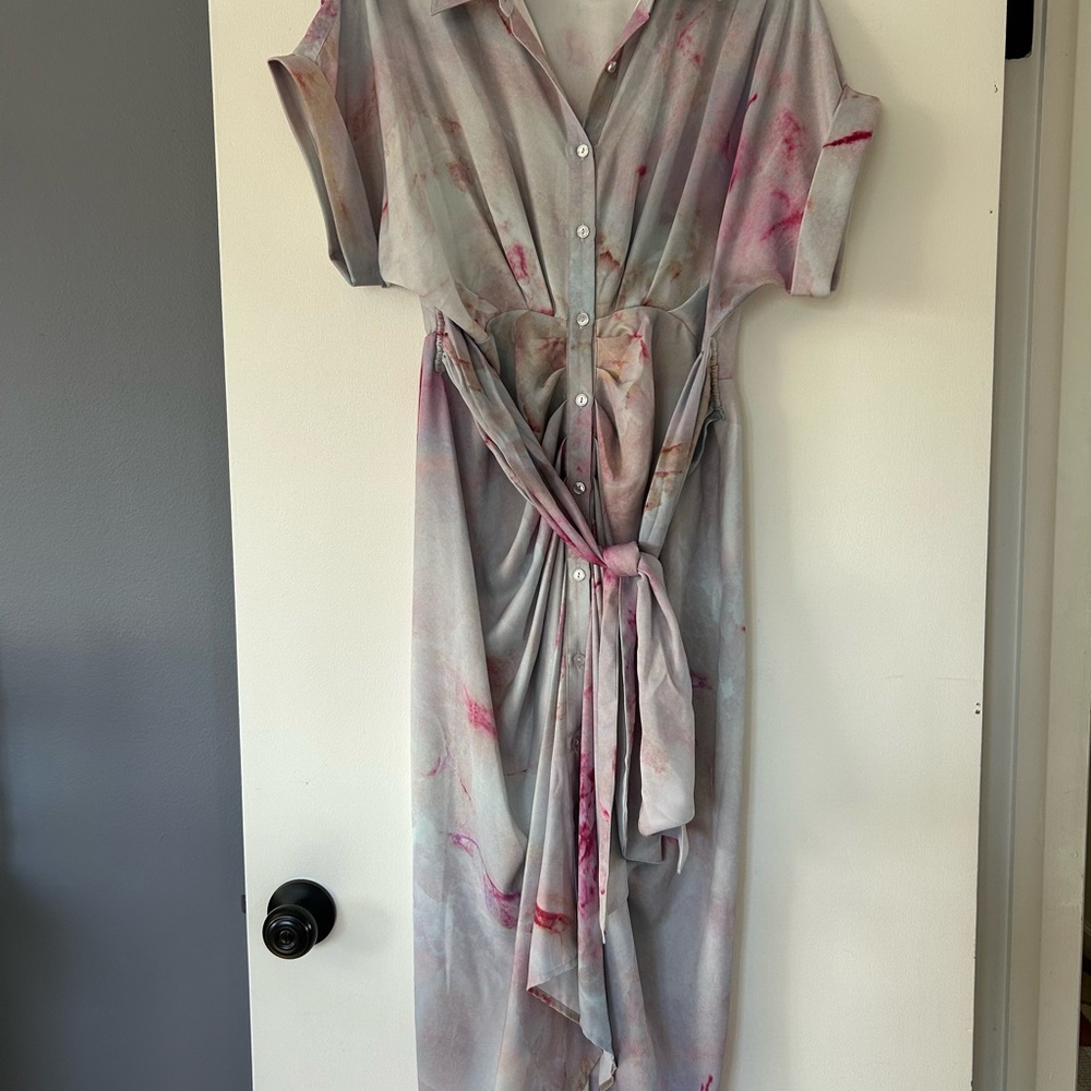 Steve Madden Tori Draped High-Low Shirtdress in the Misty Rose / Pastel Tie-Dye